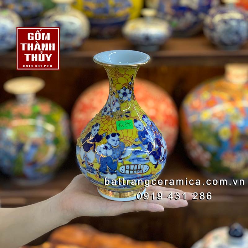 Bình vẽ vàng mini 24k cao 20cm quà tặng sang trọng Bát Tràng