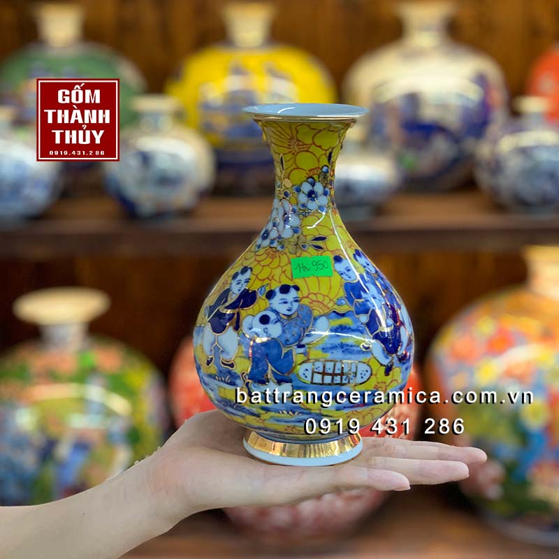 Bình vẽ vàng mini 24k cao 20cm quà tặng sang trọng Bát Tràng