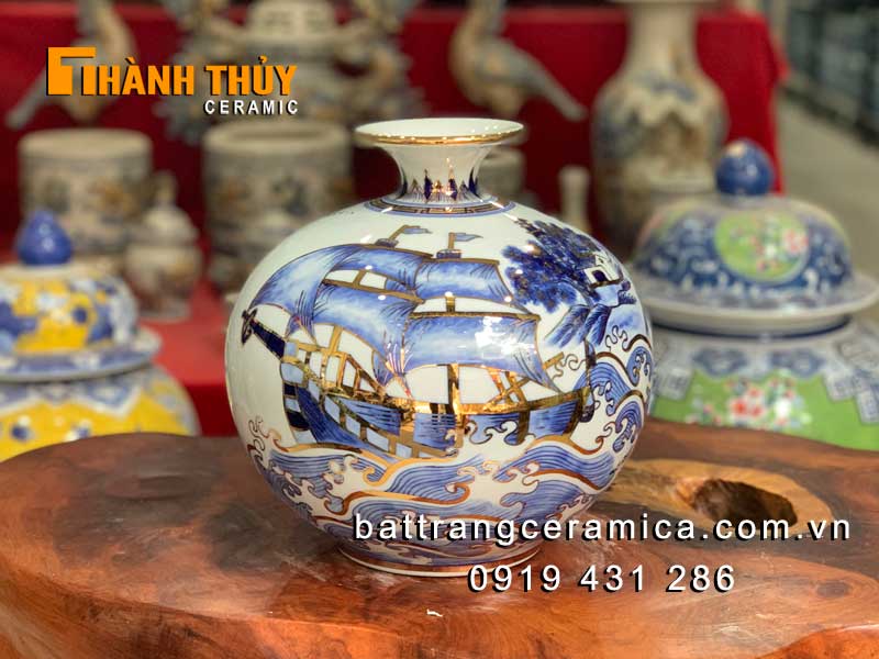 Bình phong thuỷ vẽ vàng 24k Thuận buồm xuôi gió 25cm hút lộc 