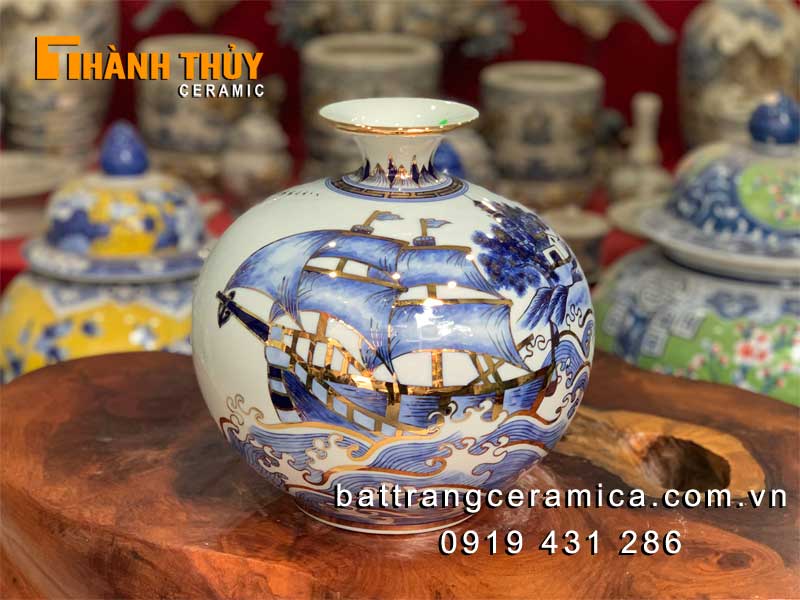 Bình phong thuỷ vẽ vàng 24k Thuận buồm xuôi gió 25cm hút lộc