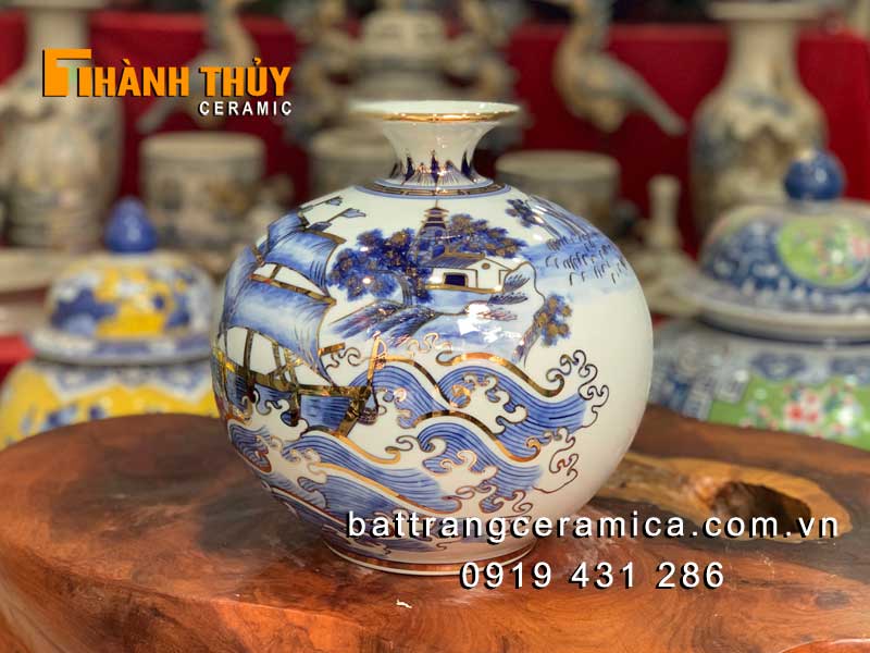 Bình phong thuỷ vẽ vàng 24k Thuận buồm xuôi gió 25cm hút lộc