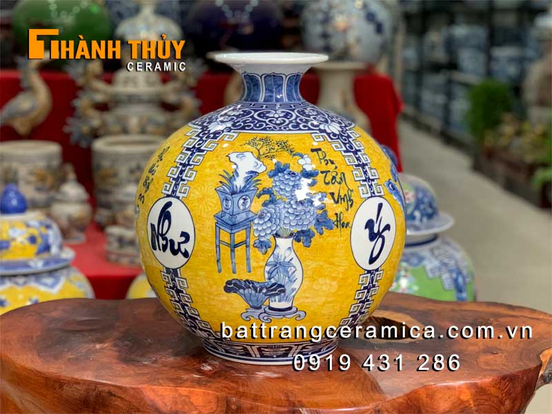 Bình hút lộc Vạn Sự Như Ý 35cm gốm sứ vàng cao cấp sang trọng