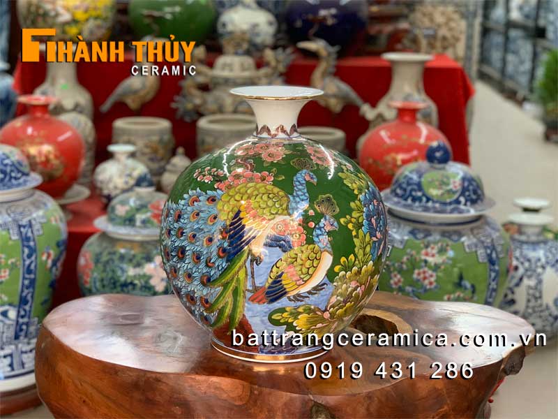 Bình hút lộc Công đào xanh lục vẽ vàng 24K cao cấp Bát Tràng