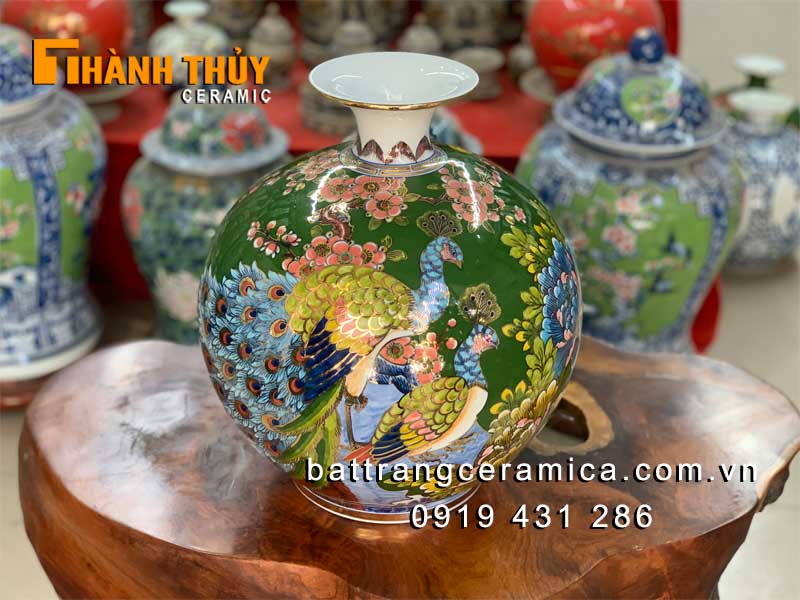 Bình hút lộc Công đào xanh lục vẽ vàng 24K cao cấp Bát Tràng