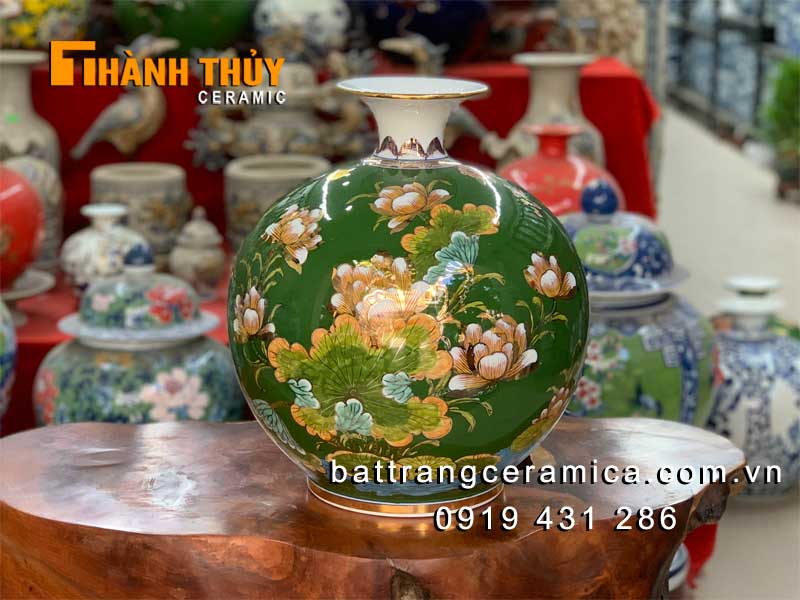 Bình hút lộc Công đào xanh lục vẽ vàng 24K cao cấp Bát Tràng