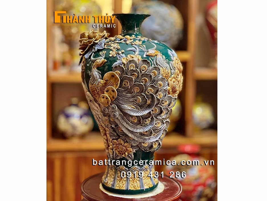 Mai bình tích lộc đắp nổi chim công hoa đào phong thuỷ 