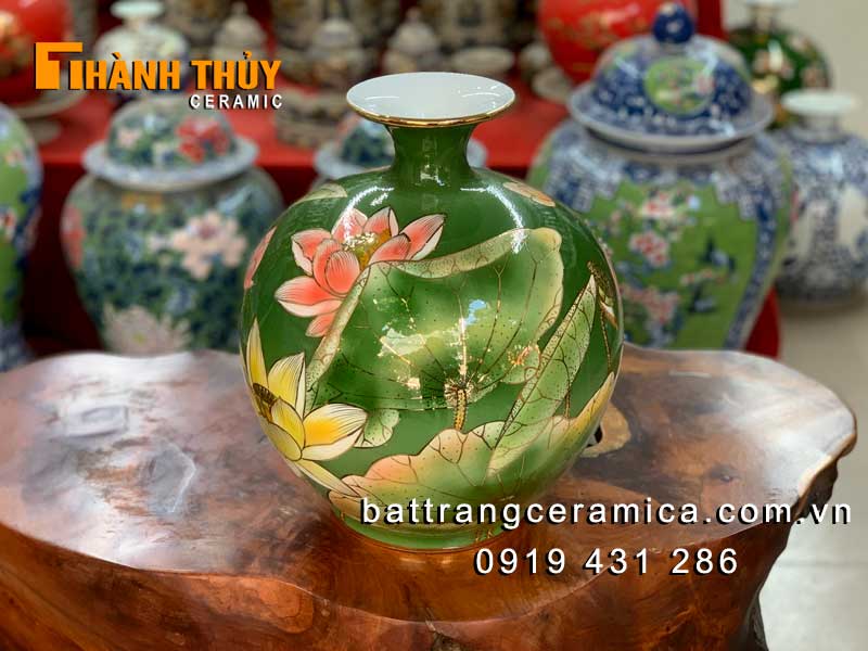 Bình hút lộc hoa Sen xanh ngọc vẽ vàng 24k cao cấp Bát Tràng 