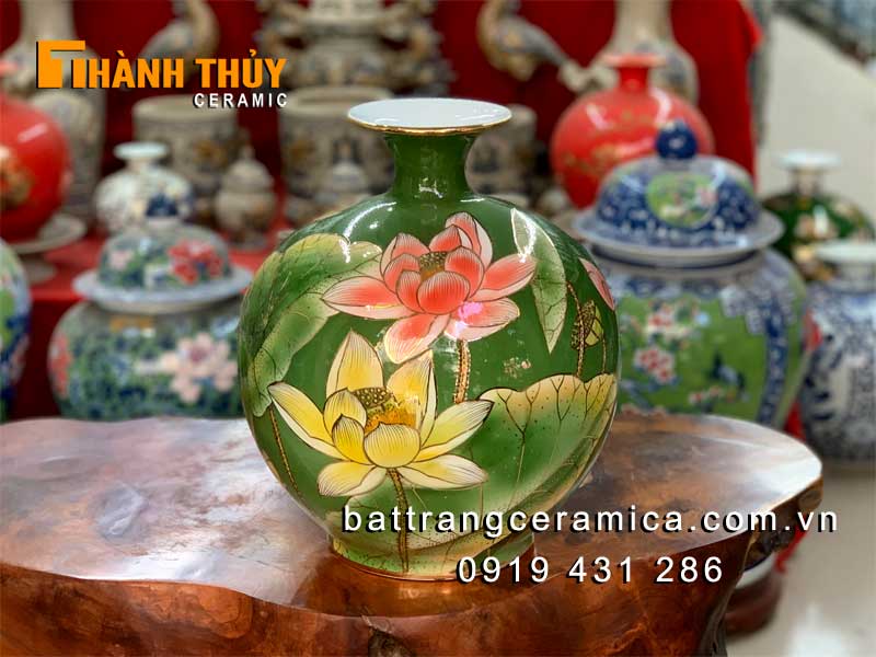 Bình hút lộc hoa Sen xanh ngọc vẽ vàng 24k cao cấp Bát Tràng