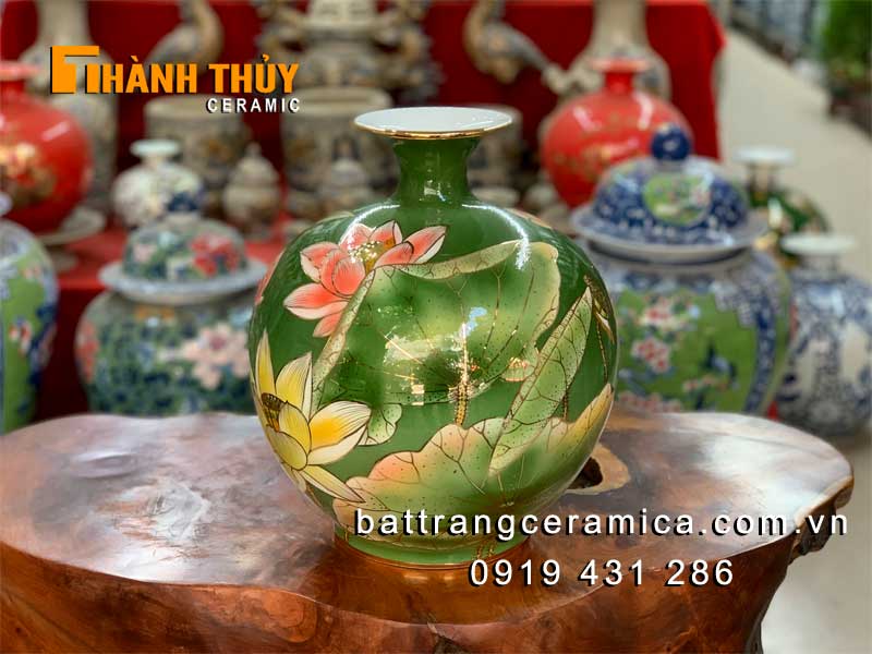 Bình hút lộc hoa Sen xanh ngọc vẽ vàng 24k cao cấp Bát Tràng
