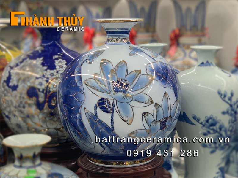 Bình hút lộc vẽ vàng 24k hoa Sen 35cm sang trọng quà tặng phong thủy
