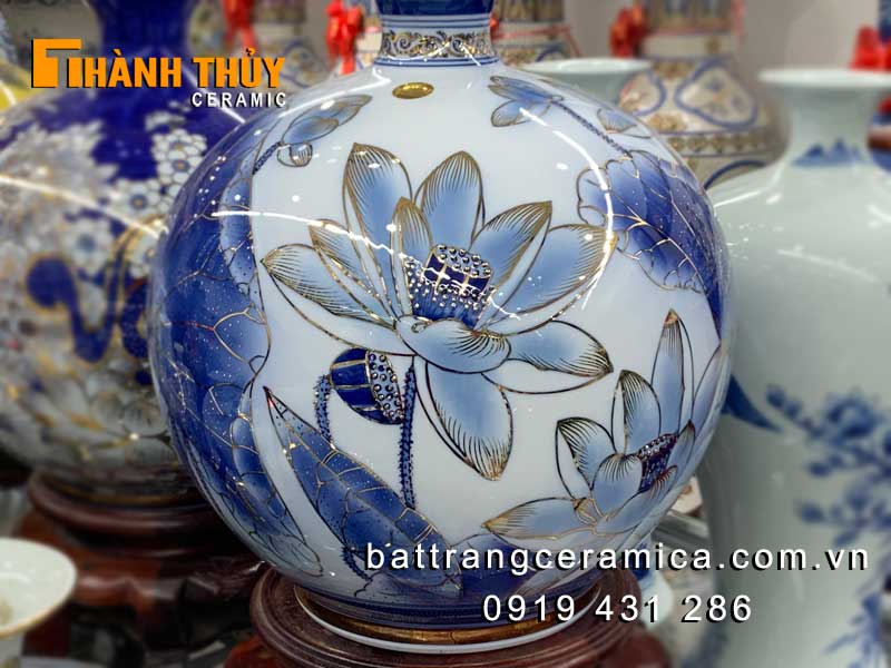 Bình hút lộc vẽ vàng 24k hoa Sen 35cm sang trọng quà tặng phong thủy