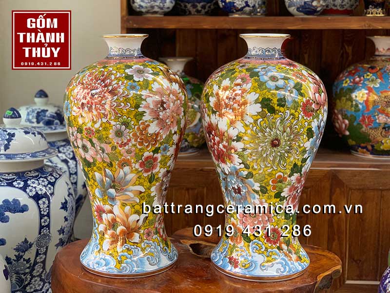 Mai bình phú quý ngàn hoa 60cm vẽ vàng 24k gốm sứ Bát Tràng đẹp