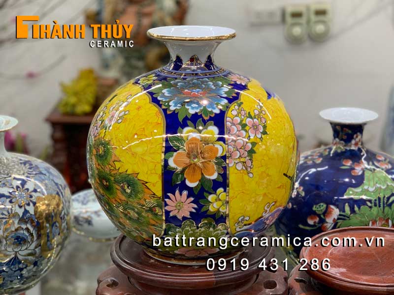 Bình nhị cảnh công đào 30cm hút lộc dát vàng 24k Bát Tràng