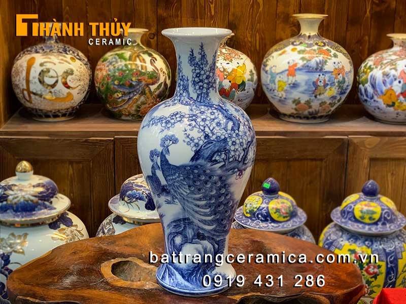 Bình tích lộc chim công hoa đào 52cm phong thủy may mắn 
