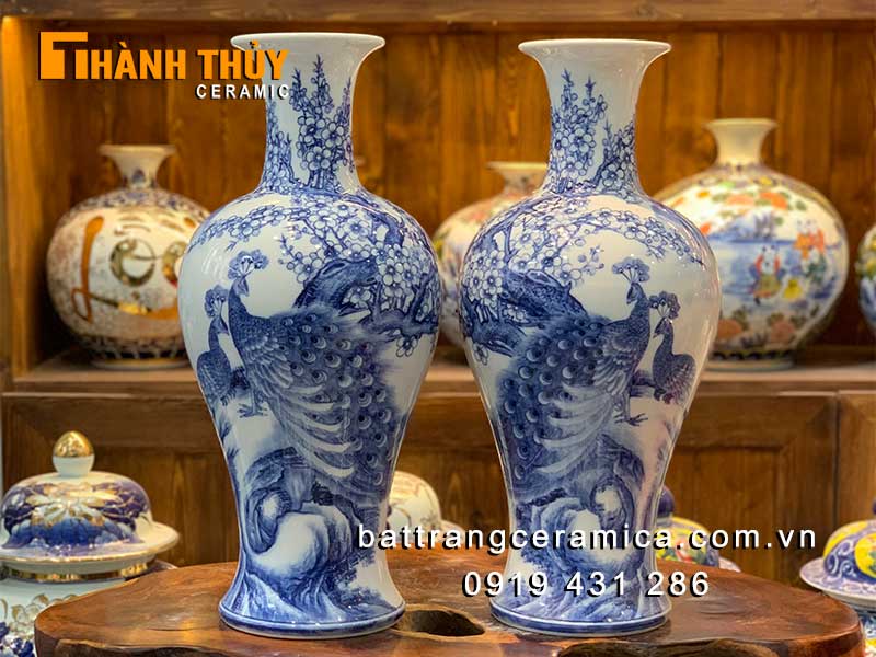 Bình tích lộc chim công hoa đào 52cm phong thủy may mắn