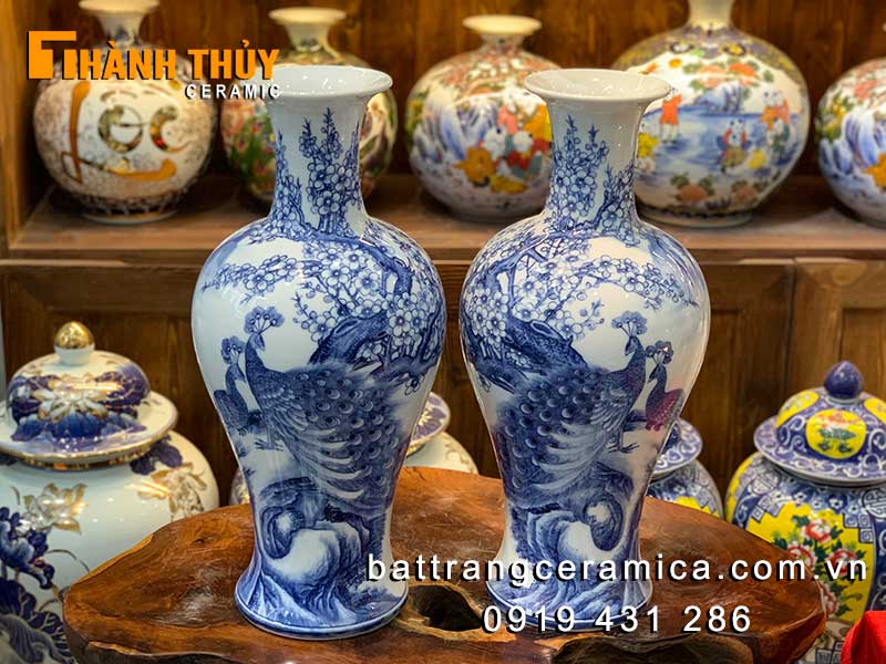 Bình tích lộc chim công hoa đào 52cm phong thủy may mắn