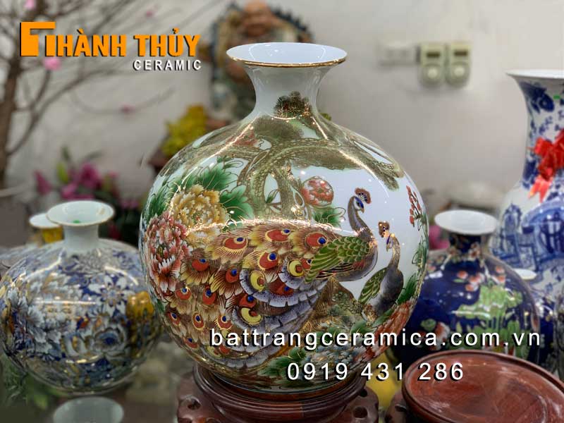 Bình hút tài lộc Tùng Công phú quý 40cm gốm Bát Tràng sang trọng, quà tặng ý nghĩa
