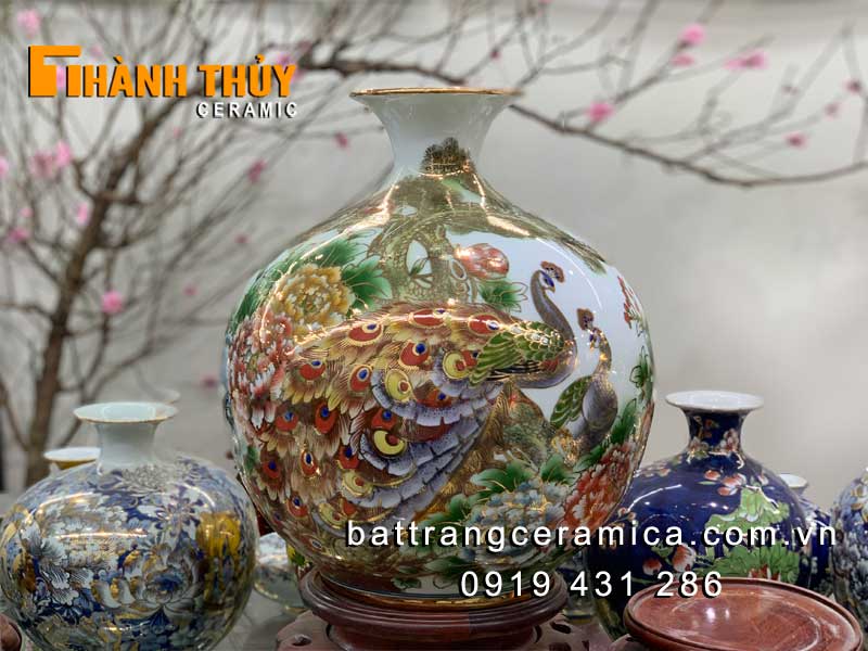 Bình hút tài lộc Tùng Công phú quý 40cm gốm Bát Tràng sang trọng, quà tặng ý nghĩa
