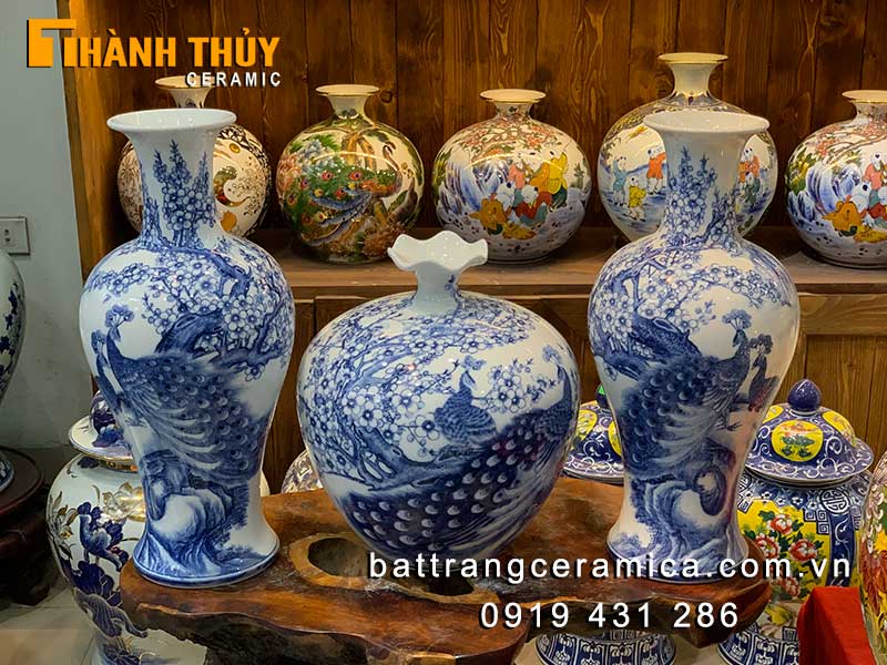 Bộ 3 bình hút tài lộc Công Đào men lam gốm Bát Tràng đẹp 
