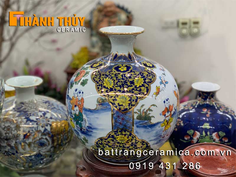 Bình hút tài lộc vẽ vàng 24k Bách Nhi Đồ cao cấp Bát Tràng 35cm