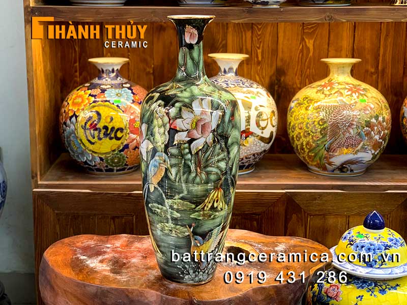 Bình vẽ vàng liên hoa 60cm cao cấp gốm sứ Bát Tràng đẹp 