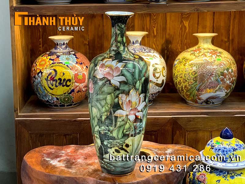 Bình vẽ vàng liên hoa 60cm cao cấp gốm sứ Bát Tràng đẹp