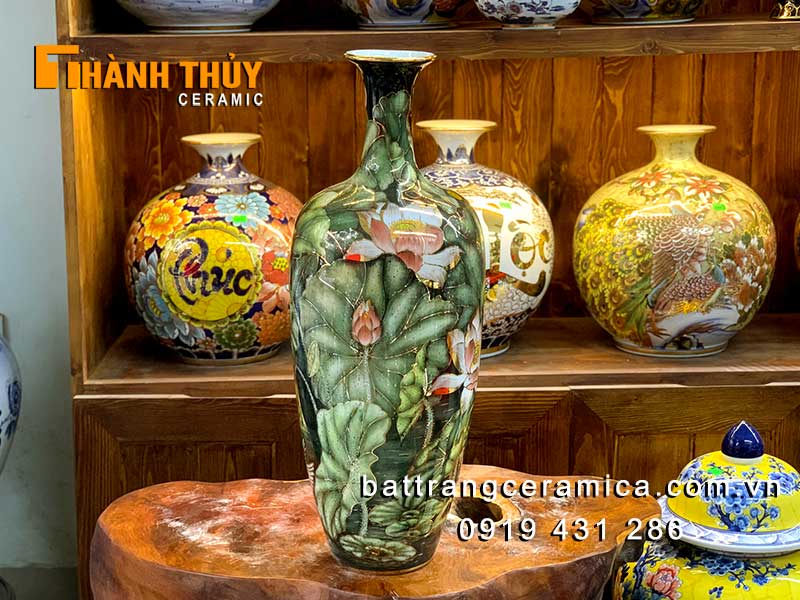 Bình vẽ vàng liên hoa 60cm cao cấp gốm sứ Bát Tràng đẹp