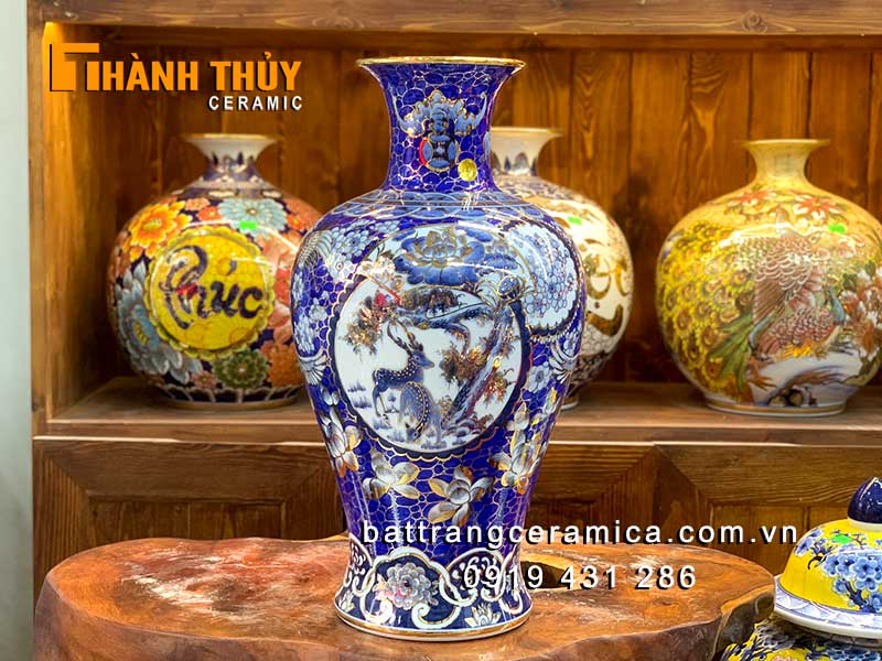 Bình chiêu tài bảo tiên liên hoa 50cm gốm sứ Bát Tràng vàng cao cấp