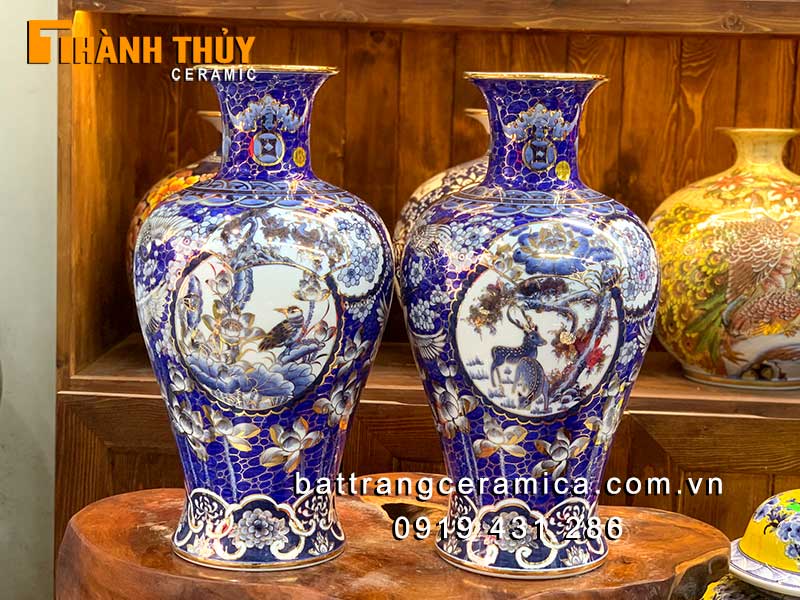 Bình chiêu tài bảo tiên liên hoa 50cm gốm sứ Bát Tràng vàng cao cấp