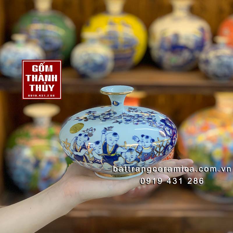 Bình hút lộc gốm sứ Bát Tràng vẽ vàng 24k cao cấp 12cm 