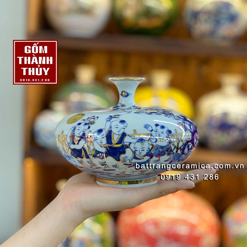 Bình hút lộc gốm sứ Bát Tràng vẽ vàng 24k cao cấp 12cm