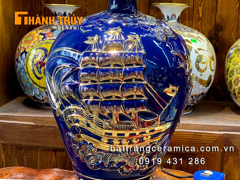 Bình tích lộc xanh sappire 46cm Thuận buồm xuôi gió vàng 24k Bát Tràng