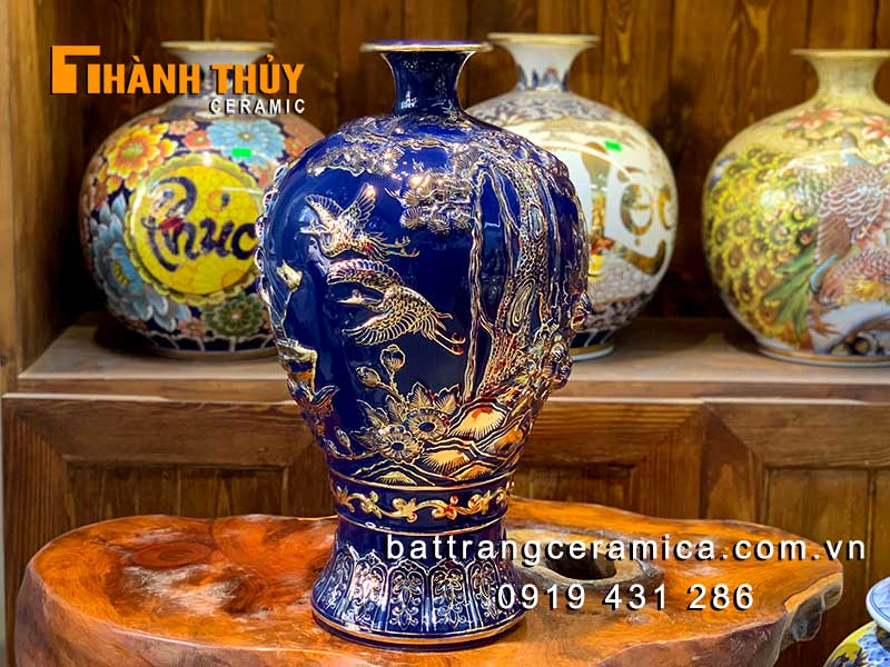 Bình tích lộc xanh sappire 46cm Thuận buồm xuôi gió vàng 24k Bát Tràng