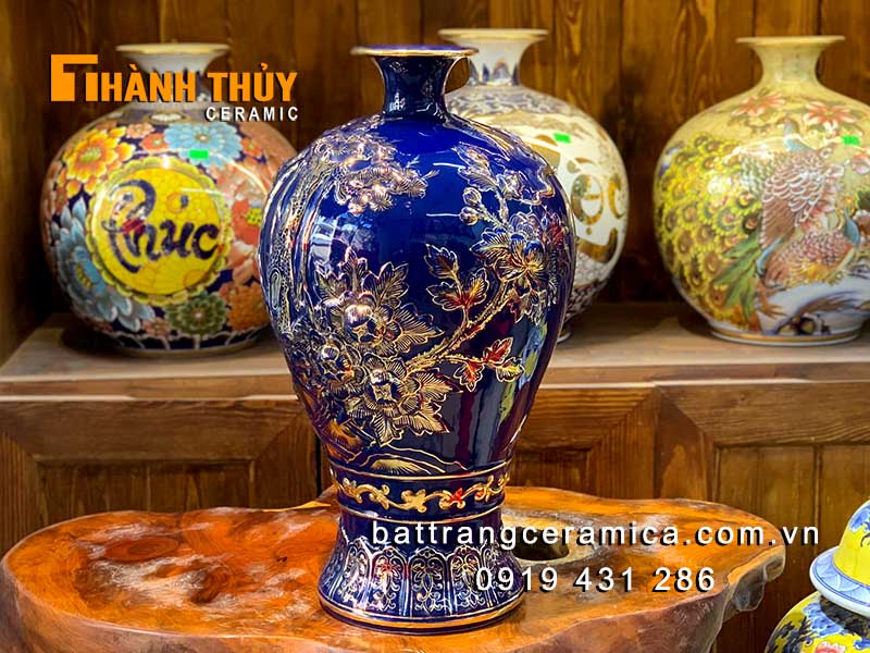 Bình tích lộc xanh sappire 46cm Thuận buồm xuôi gió vàng 24k Bát Tràng