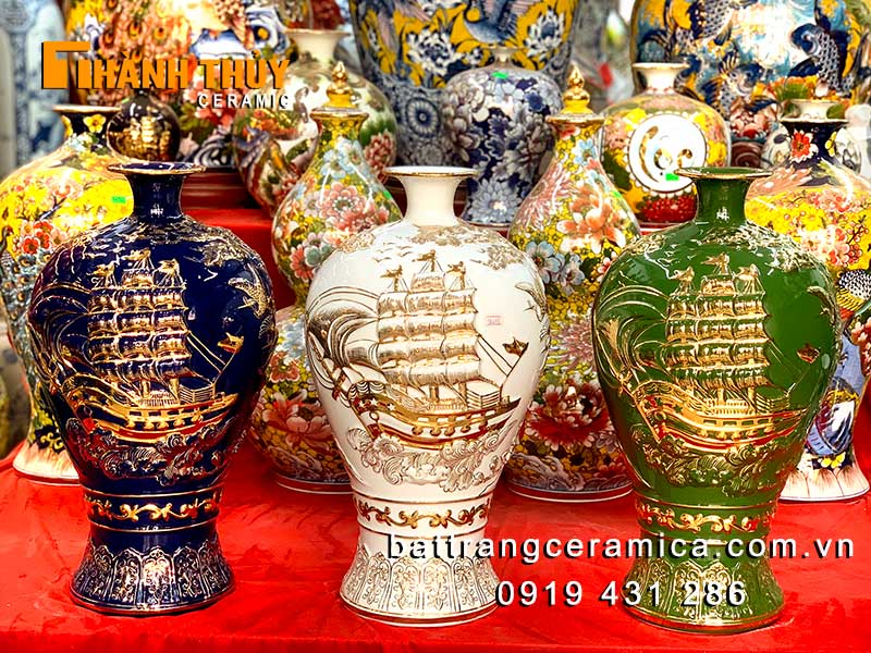 Bình tích lộc xanh sappire 46cm Thuận buồm xuôi gió vàng 24k Bát Tràng