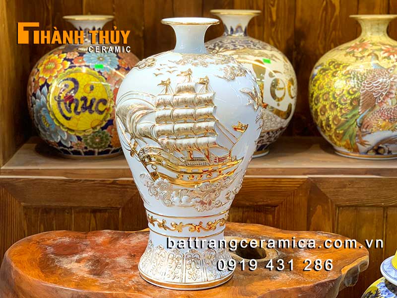 Mai bình tích lộc 46cm trắng vàng 24k cao cấp Bát Tràng may mắn