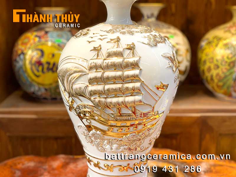 Mai bình tích lộc 46cm trắng vàng 24k cao cấp Bát Tràng may mắn