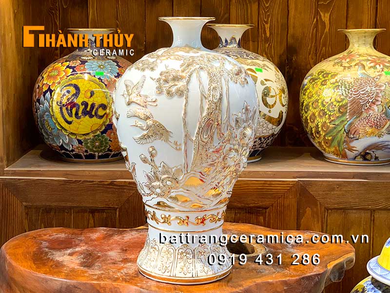 Mai bình tích lộc 46cm trắng vàng 24k cao cấp Bát Tràng may mắn