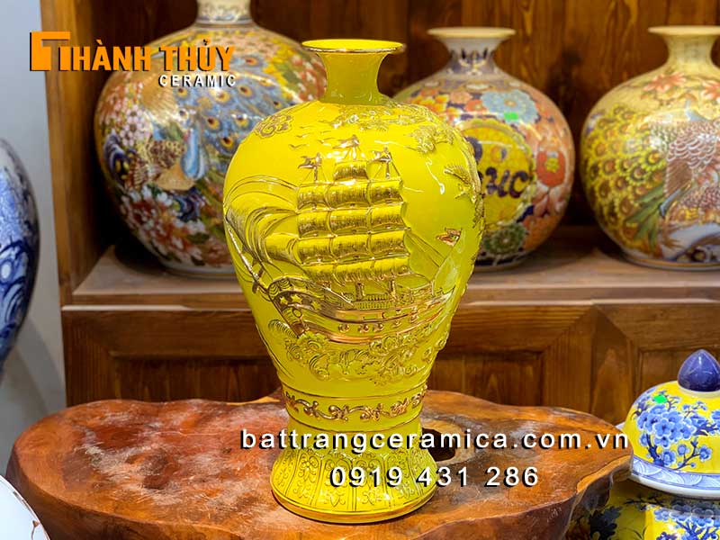 Mai bình tích lộc vàng 46cm Bát Tràng 24k Thuận buồm xuôi gió 
