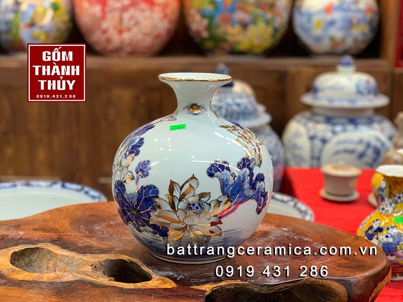 Bình hút lộc hoa sen 24k Bát Tràng cao 25cm quà tặng sang trọng