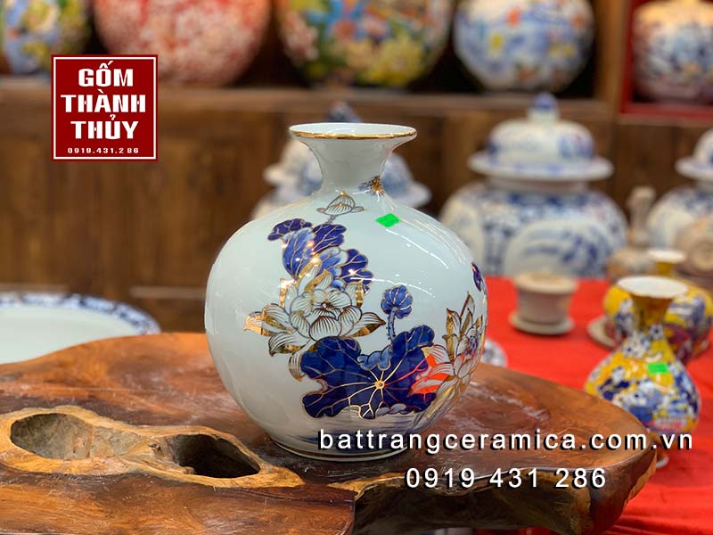 Bình hút lộc hoa sen 24k Bát Tràng cao 25cm quà tặng sang trọng