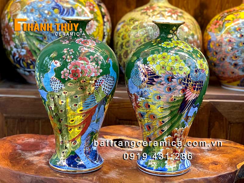 Mai bình tích lộc chim công hoa đào xanh lục 36cm trang trí Tết