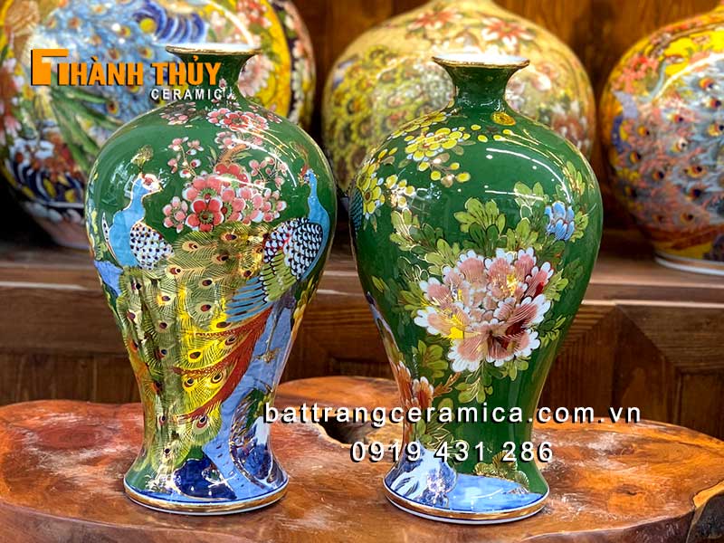 Mai bình tích lộc chim công hoa đào xanh lục 36cm trang trí Tết