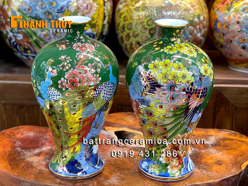 Mai bình tích lộc chim công hoa đào xanh lục 36cm trang trí Tết