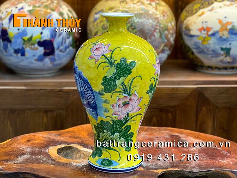 Mai bình tích lộc sen chép vàng 36cm gốm sứ Bát Tràng phong thủy