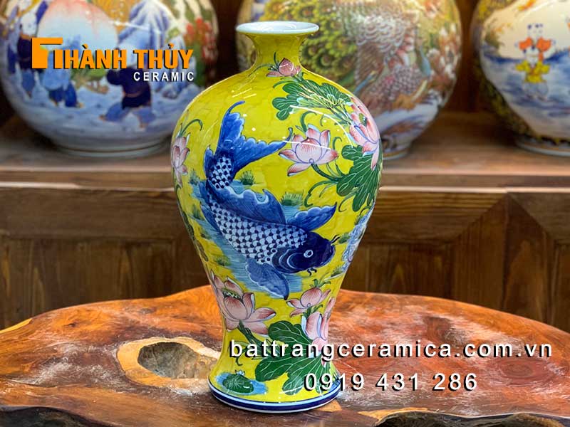 Mai bình tích lộc sen chép vàng 36cm gốm sứ Bát Tràng phong thủy 