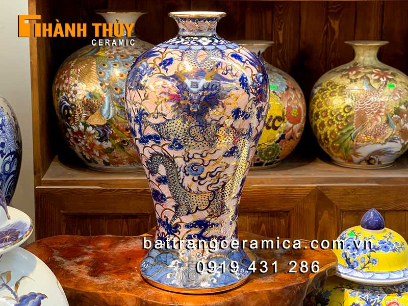 Mai bình tích lộc ngũ long 55cm vẽ vàng 24k, quà phong thủy