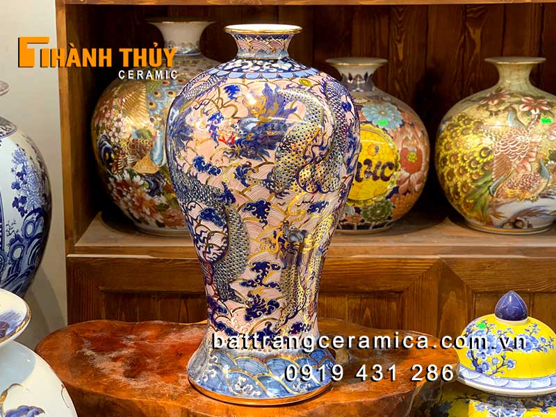 Mai bình tích lộc ngũ long 55cm vẽ vàng 24k, quà phong thủy