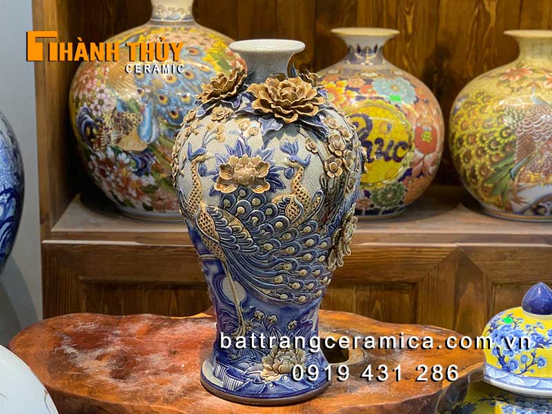 Bình tích lộc chim công hoa đào 48cm gốm sứ Bát Tràng sang trọng