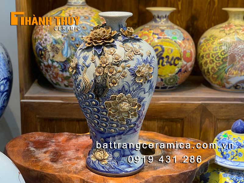 Bình tích lộc chim công hoa đào 48cm gốm sứ Bát Tràng sang trọng